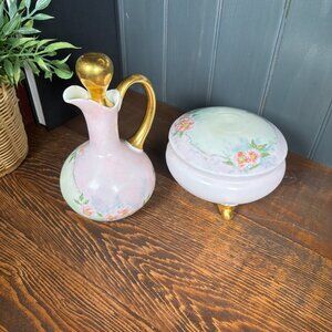 Antique Favorite Bavaria Hand Painted Vanity Set Vintage Bottle & Trinket Dish